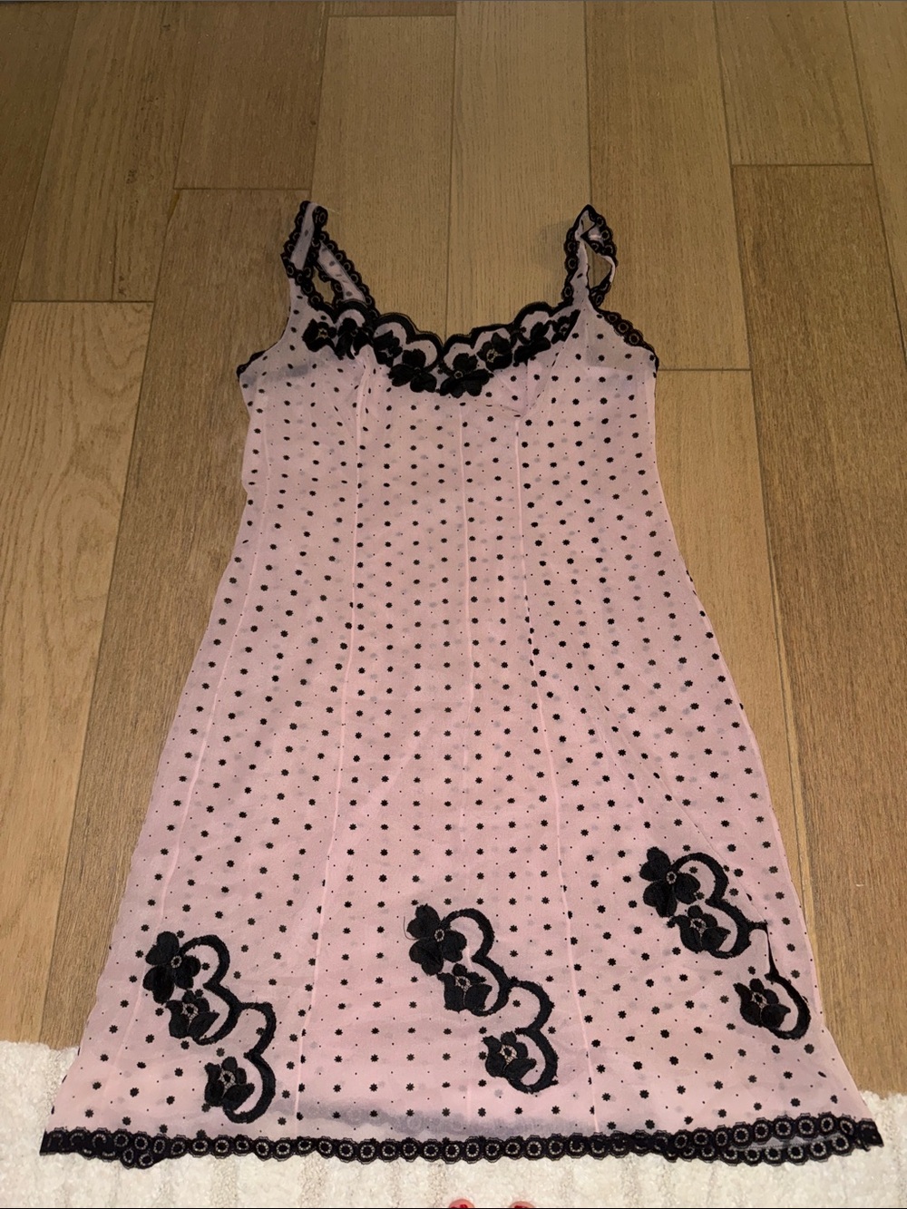 Vintage Sheer Pink Polka Dot Lace-Trim Chemise